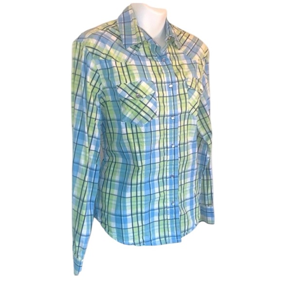 Angel Ranch Tops - ÁNGEL RANCH plaid western shirt, blue/green, pretty pearl snaps. Size L
